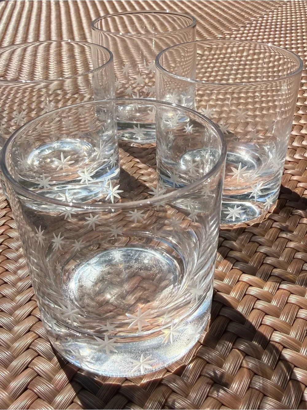Crate & Barrel Double Old Fashioned Glasses Etched Starburst MCM Cocktail Set